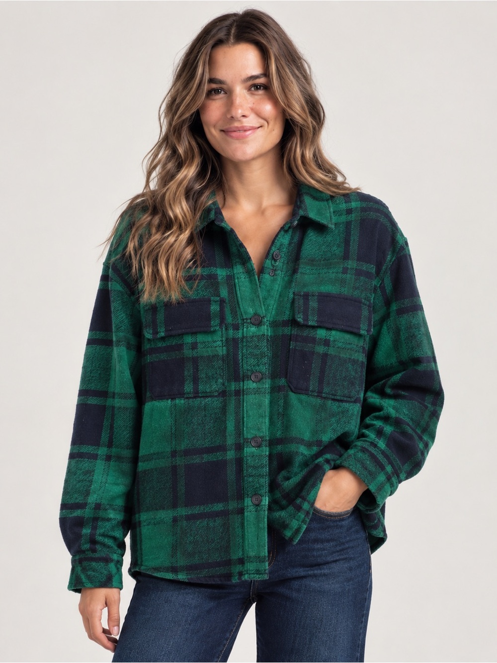 Ardene Green & Navy Plaid Utility Shacket